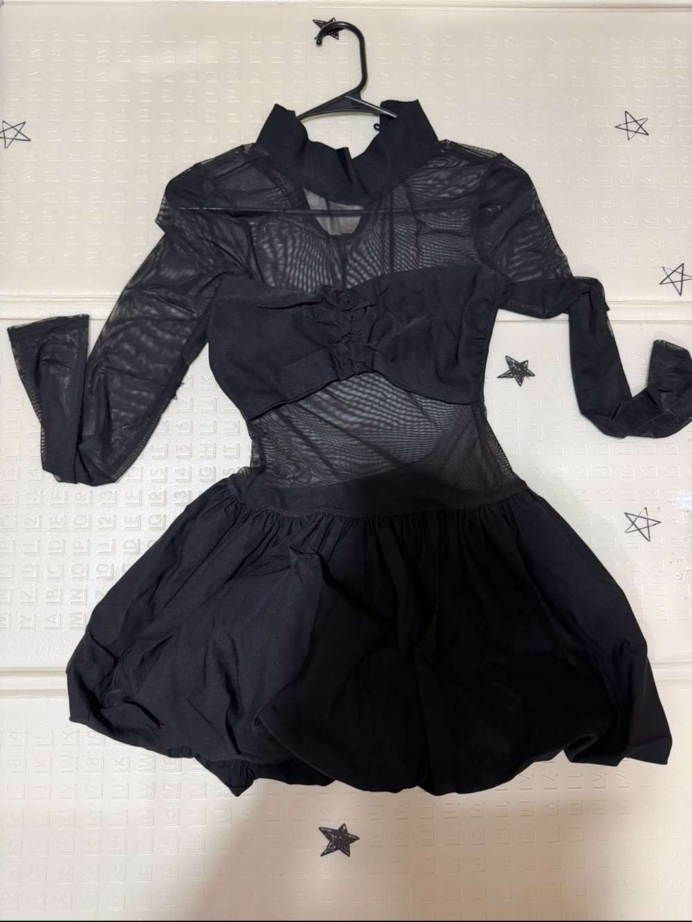 Black Mesh Long-Sleeve Mini Dress with Ruching